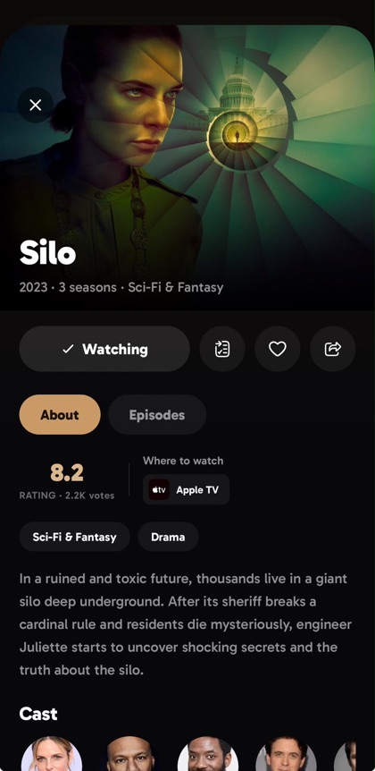 tvcask on iPhone showing a show page with rating, where to watch, and cast