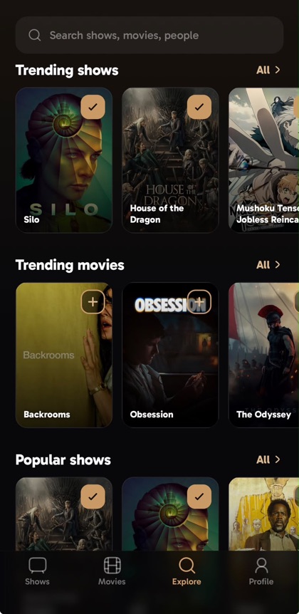tvcask on iPhone showing trending shows and movies