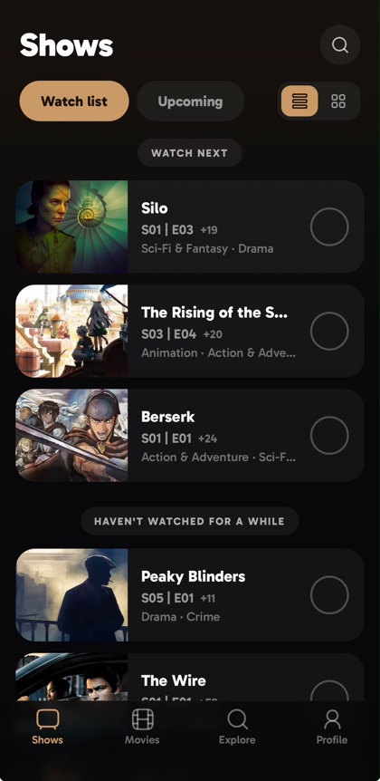 tvcask on iPhone showing the watch list with the next episode for each show