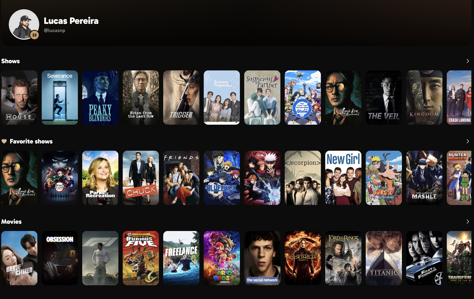 A tvcask profile on the web with rows of tracked shows, favorite shows, and movies